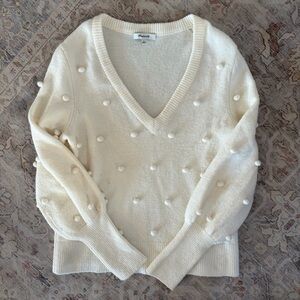 Madewell Cream V-Neck Sweater with Pom Pom Details & Balloon Sleeves